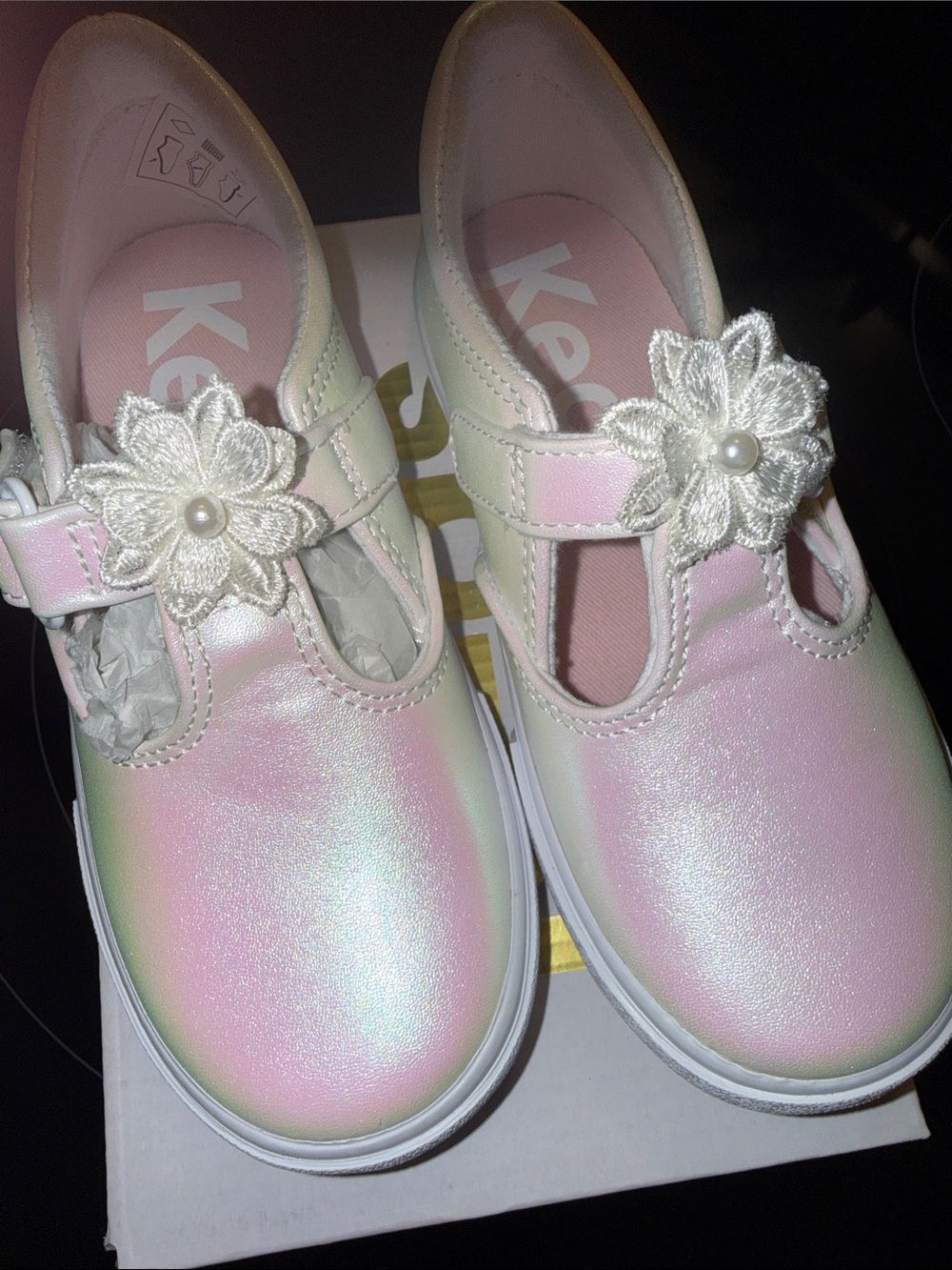 Keds Girls Iridescent Pink Mary Janes with Floral Accent